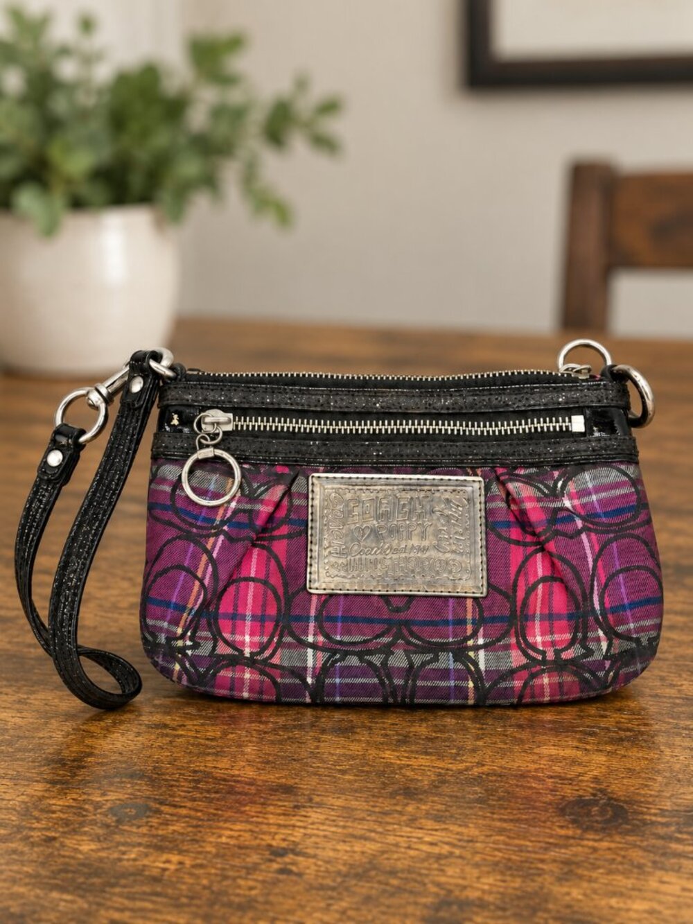 Coach Poppy Tartan Plaid Pleated Wristlet Pink Purple Black Patent Trim Small